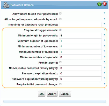 list of new password options in control panel